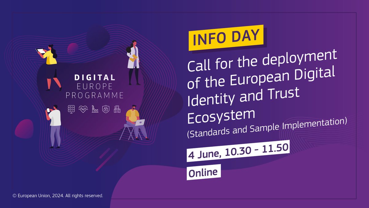 Don't miss the #InfoDay on the #DigitalEUProgramme call for the deployment of the 🇪🇺EU Digital Identity Wallet!
📅4 June, 10.30 - 11.50
👩‍💻Online
❓Learn all about the call and join Q&A sessions

More information: europa.eu/!XdchPw

#HaDEA