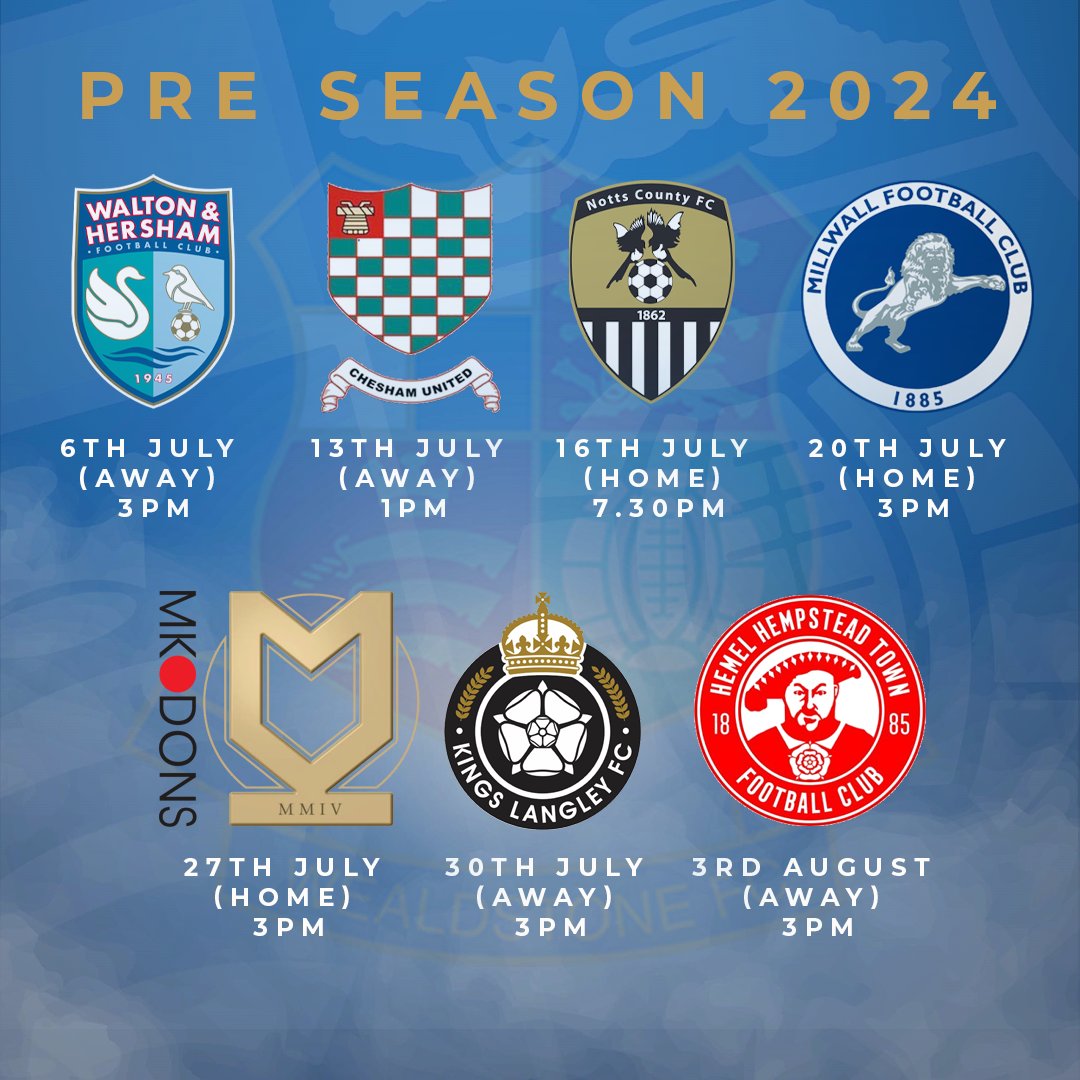 WealdstoneFC's tweet photo. 😋

Some tasty pre-season fixtures to look forward to already, including these 3️⃣ at The Vale...

Notts County ✅
Millwall  ✅
MK Dons ✅

💻Full details on our website https://t.co/uOffY60JtO