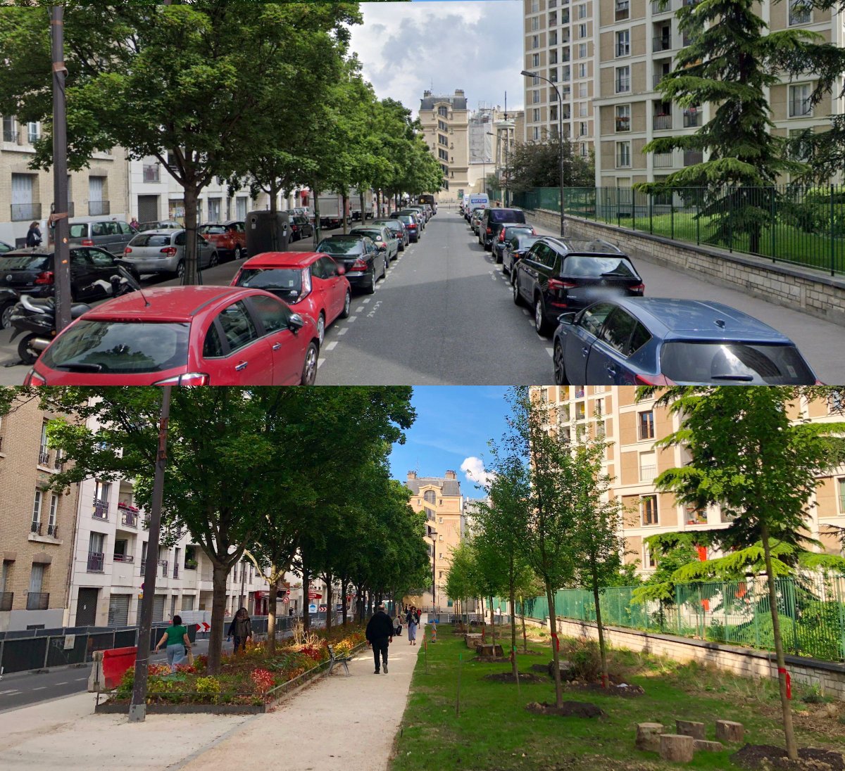 Avant / Après la piétonnisation et la végétalisation de la contre-allée Rue de Meaux dans le 19ème. Avant, elle servait de places de stationnement, une trentaine de places environ ont disparu. Au fond à gauche, des travaux en cours pour un contre-sens cyclable protégé sur la rue.