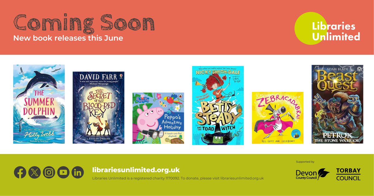LibrariesUnLtd's tweet photo. 📚 All of these amazing children's books will be arriving at libraries across Devon and Torbay next month. 📚 Get ready to dive into fantastic new stories and adventures by @HollyKateWebb, @DavidFarrUK, @nickydale, @peppapig, Kes Gray & @FredBlunt & #AdamBlade #BeastQuest! 🤩 https://t.co/tGbzwpa3Jd