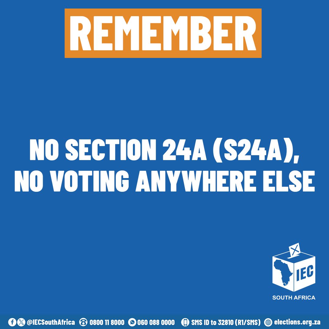 🚨Voting at a Different Station?

✅ If you applied to vote at another station (Section 24A) on 29 May, 7AM-9PM, check the confirmation SMS or email from the IEC or visit bit.ly/4dV5G8K for your voting station info.

❎ If you didn't apply to vote at another voting