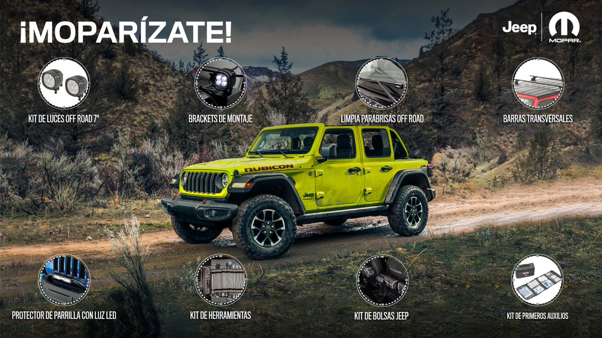 .@MoparMexico  ofrece accesorios ideales para @JeepMx Wrangler y JT, como tapetes de uso rudo, barra de luces led, kit de herramientas, llanta mud terrain y all terrain, cargador de pared, protector de entrada de puerta, kit de pedales de acero inoxidable y barras transversales