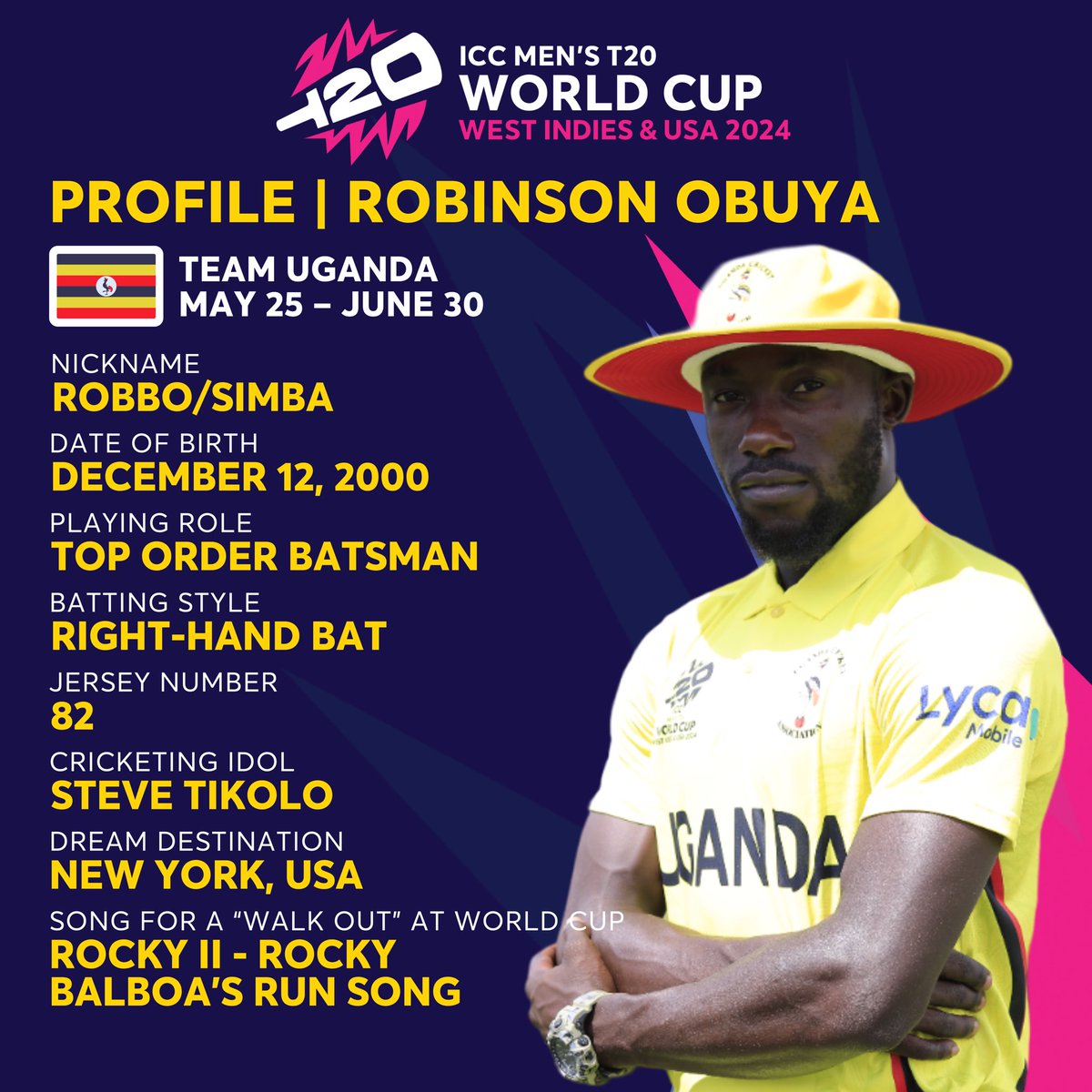 KNOW THE CRICKET CRANES #T20WorldCup SQUAD 

Nicknamed as Robbo, Robinson Obuya is known for stepping on the accelerator when the scoring rate needs a lift.  

Here's a snapshot of his profile!

#WeAreCricketCranes