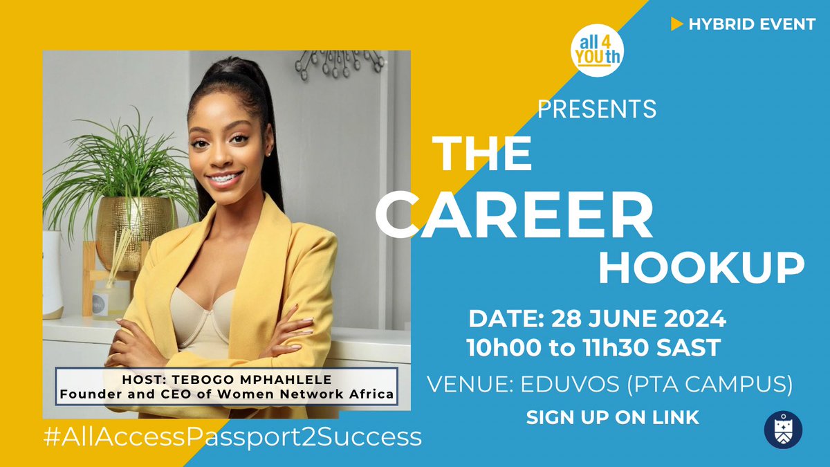 Get ready to level up your career at #TheCareerHookUp hosted by the incredible <a href="/Tebo_Mphahlele/">Tebogo Mphahlele</a>. 🚀

Whether you're attending online or in person at <a href="/edu_vos/">Eduvos</a> (PTA Campus), this event is your gateway to success! 

Sign up today: bit.ly/3KjGSK4 

#AllAccessPassport2Success