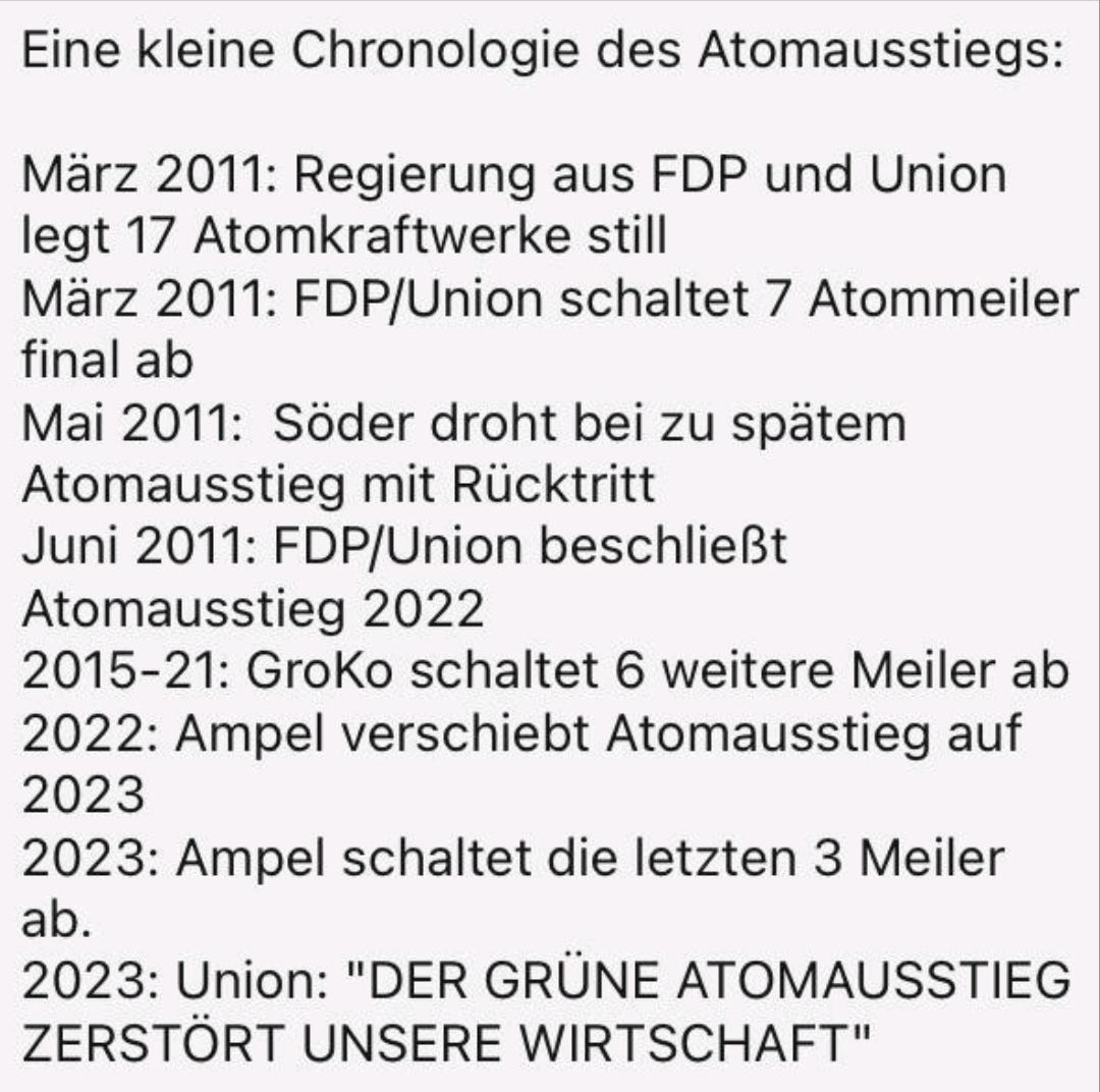 Eine kleine Chronologie des Atomausstiegs: März 2011: Regierung aus FDP und Union legt 17 Atomkraftwerke still März 2011: FDP/Union schaltet 7 Atommeiler final ab Mai 2011: Söder droht bei zu spätem #Atomausstieg mit Rücktritt Juni 2011: FDP/Union beschließt Atomausstieg