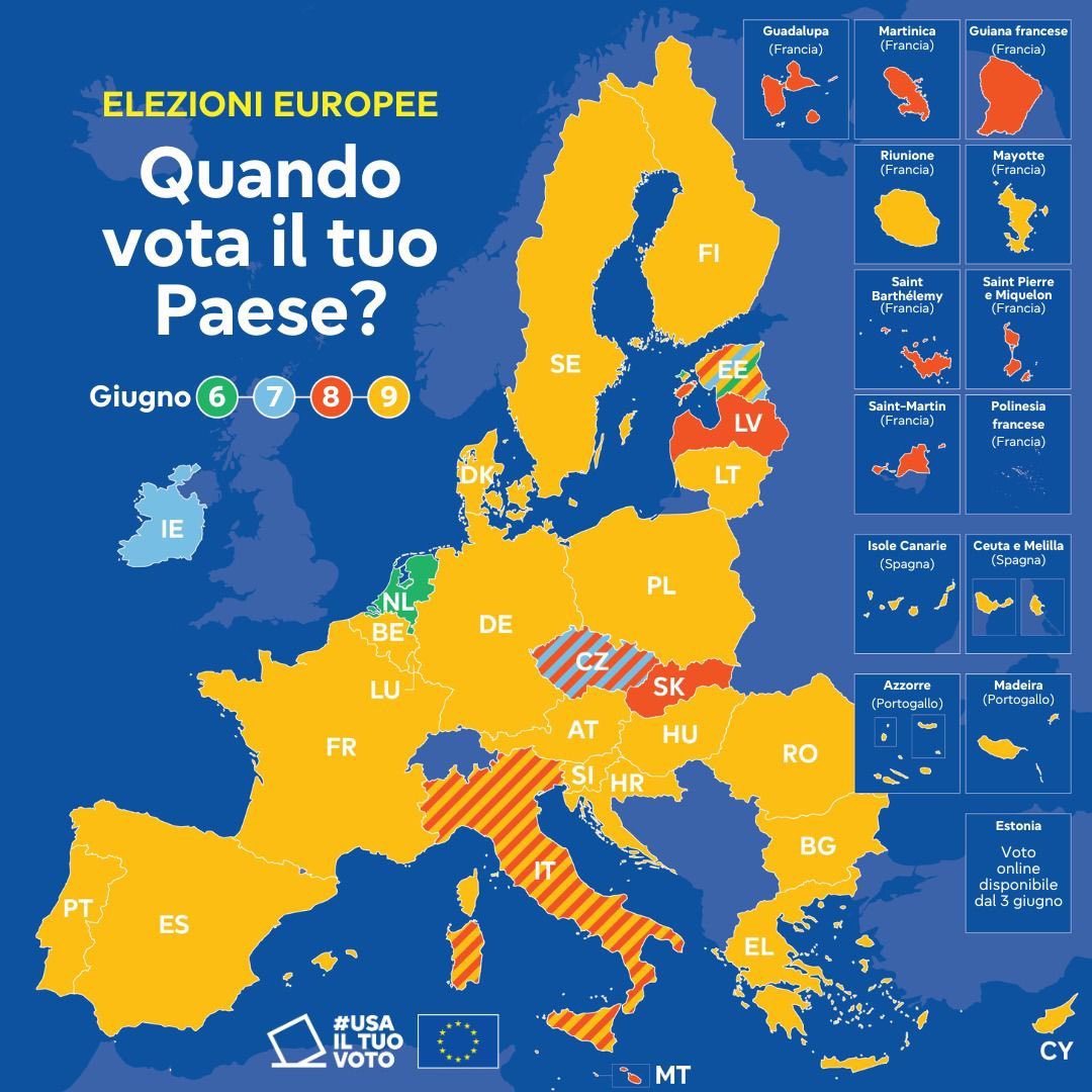 🇪🇺 Dal 6 al 9 giugno i cittadini europei sceglieranno i 720 eurodeputati che li rappresenteranno per i prossimi cinque anni. ️

🇮🇹 In Italia i seggi saranno aperti l’8 giugno dalle 15 alle 23 e il 9 giugno dalle 7 alle 23. 

🗳️ #UsailTuoVoto o gli altri decideranno per te.