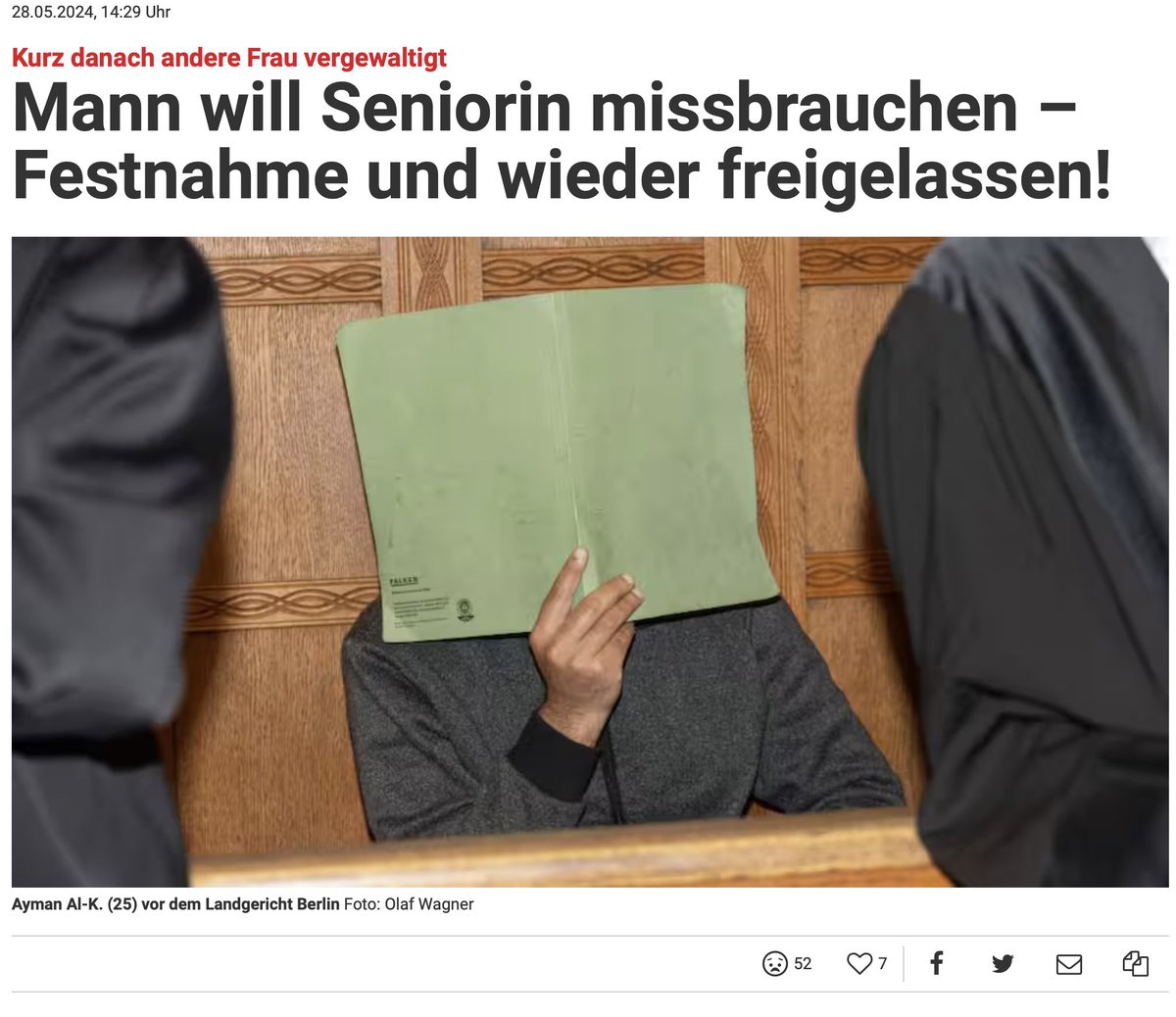 2 News aus dem bunten Berlin: Syrer versucht Oma,78, zu vergewaltigen, wird gefasst, aber von Richterin wieder auf freien Fuß gesetzt, woraufhin er 23-Jährige vergewaltigt, der er in den Hals beißt. 

Albaner versucht Oma,65, zu vergewaltigen, jetzt Knast-Krankenhaus: „Ich esse