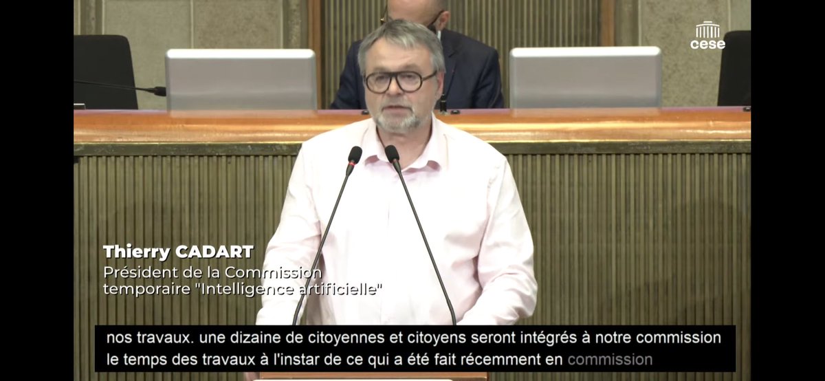 [INTELLIGENCE ARTIFICIELLE]
@lecese lance des travaux sur l’#IA : 1 sujet qui impacte nos sociétés & nous concerne tous-tes
@Thierrycadart Pdt de la commission présente le 📆 de travail
Sept: démarrage 
Participation citoyenne 
Janv: séance plénière
Fév: portage au sommet de l’IA