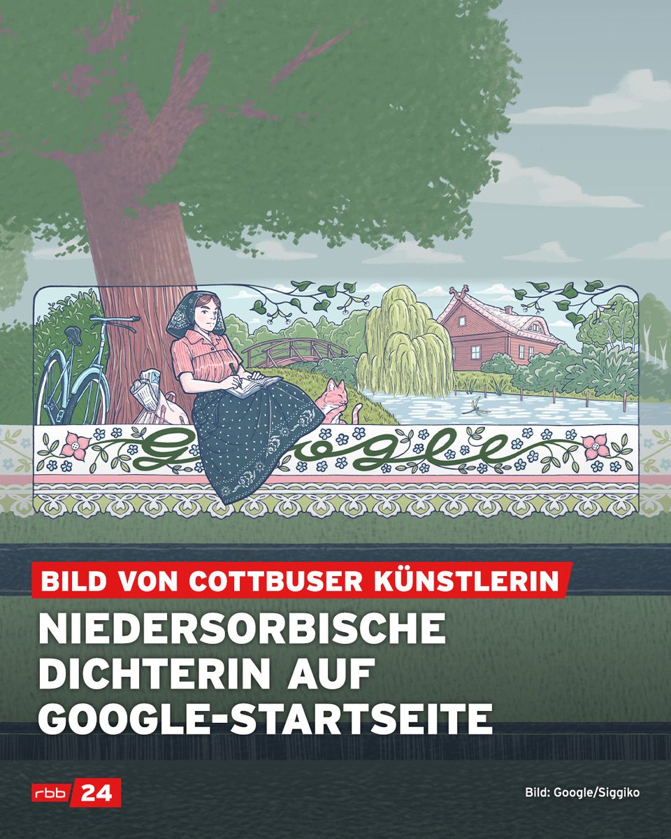Google feiert die niedersorbische Dichterin und Journalistin Mina Witkojc: Auf der Startseite der Suchmaschine ist am Dienstag ein Bild zu sehen, auf dem sie im Spreewald sitzt. Gezeichnet hat die Illustration eine in Cottbus lebende Künstlerin. 👉 rbburl.de/googledoodle