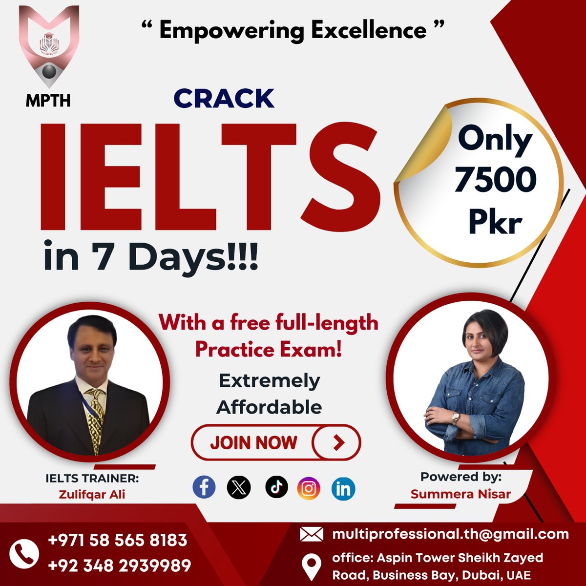 Crack the IELTS in 7 Days for 7500/- PKR
Join our intensive 7-day prep course with full-length practice exams to boost your confidence and improve your scores. 
Contact us :+971 58 565 8183 | +92 348 2939989
#IELTS #PracticeExams #StudyAbroad #ExamPrep #AchieveYourDreams