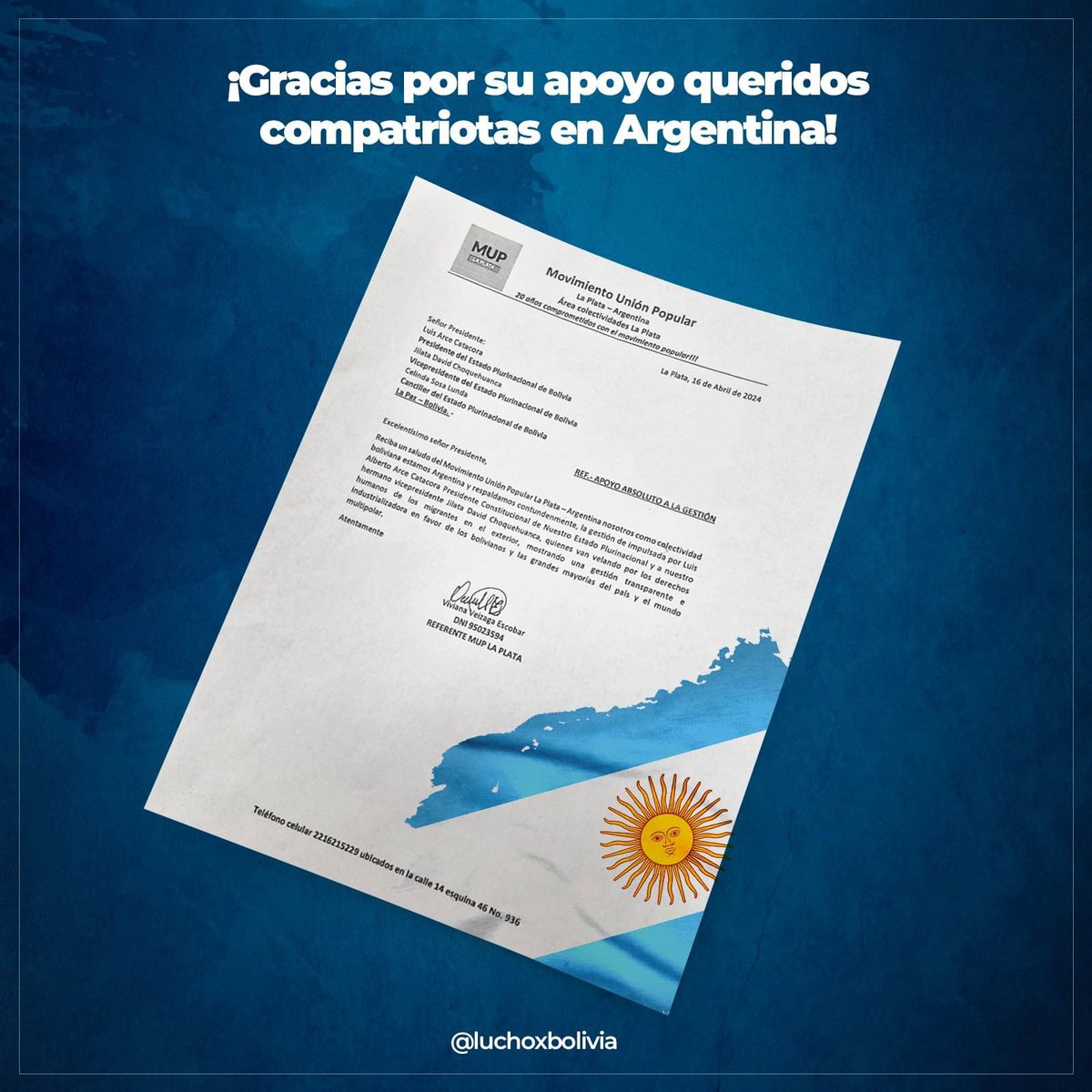 Agradecemos el firme respaldo de nuestras hermanas y hermanos compatriotas en Argentina del Movimiento Unión Popular La Plata.