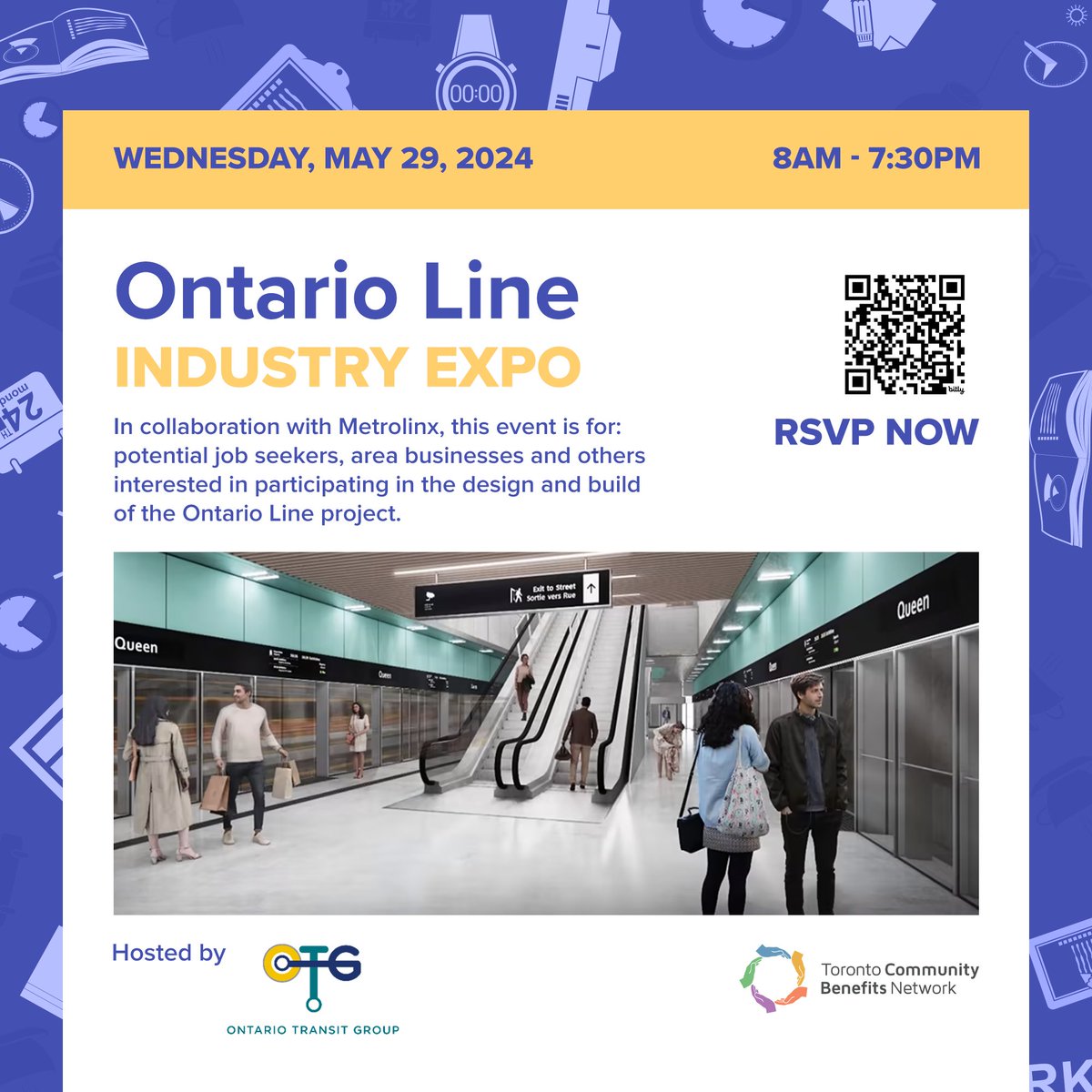 Happening Tomorrow!

Join us for the Ontario Line Industry Expo in collaboration with @Metrolinx

When: May 29, 8 AM - 7:30 PM
Hosted by Ontario Transit Group
Where: 123 Queen St W
RSVP: eventbrite.com/e/ontario-line…

#ontarioline #communitybenefits