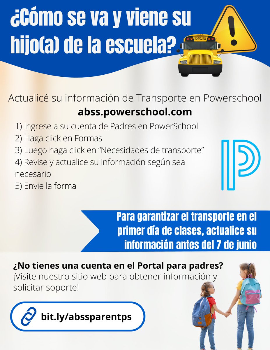 Time to review/update your transportation needs for next school year! 🅿️Log into your PowerSchool Parent Portal: abss.powerschool.com/public/ ⬇️Click on the 'Forms' section 🚌Select the 'Transportation Needs 2024-2025' form 👀Review and update information ✅Submit