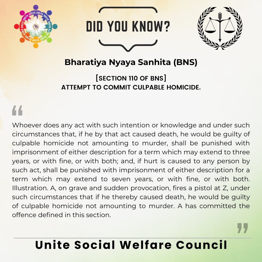 Section 110 in THE BHARATIYA NYAYA SANHITA, 2023 – BNS

Attempt to commit culpable homicide.

#uswc #culpablehomicide #intention #knowledge #provocation #punishment #imprisonment #fine #law #justice