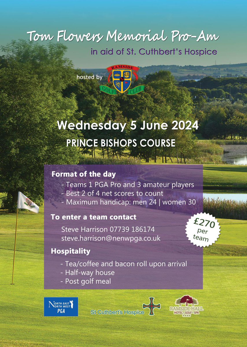 nenwpga's tweet photo. We’ll be publishing the draw for the Tom Flowers Memorial ProAm tomorrow, with the event being staged at @RamsideGolfClub next Wednesday. 

If you’d like to enter a last minute team, please get in touch. https://t.co/MTRhsgyhFH