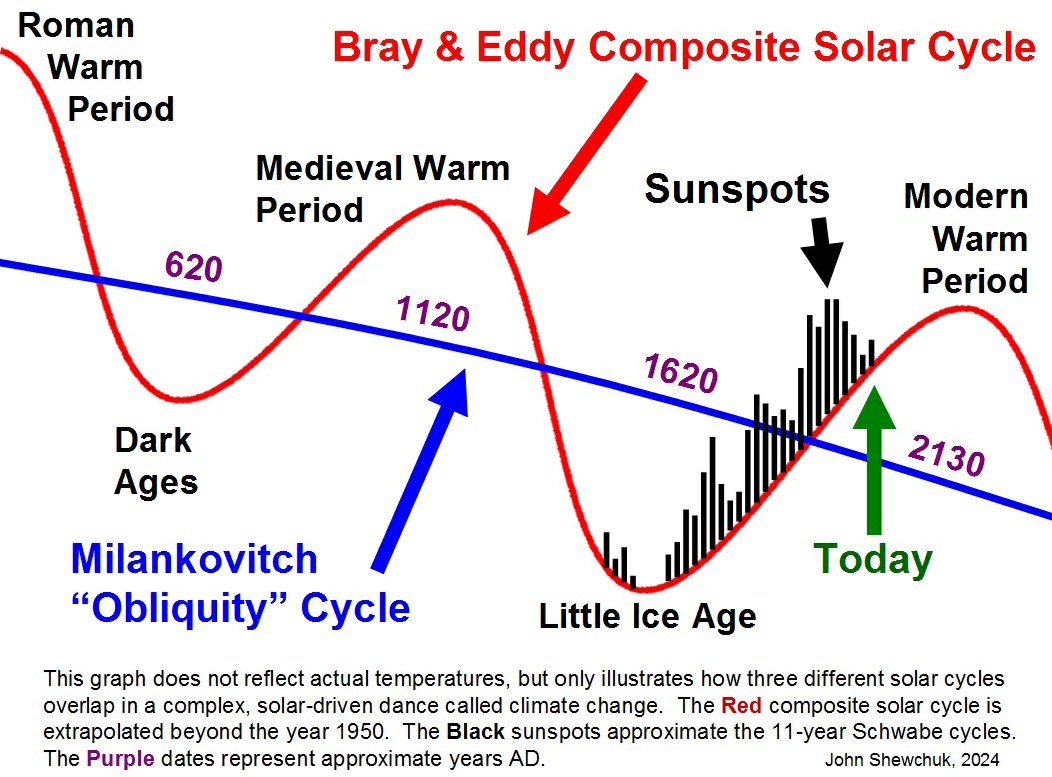 Those who ignore the Bray and Eddy solar cycles, and the Schwabe (sunspot) cycles, will never fully understand climate change. No cycle in this diagram can be explained by CO2, because it's primarily plant food.