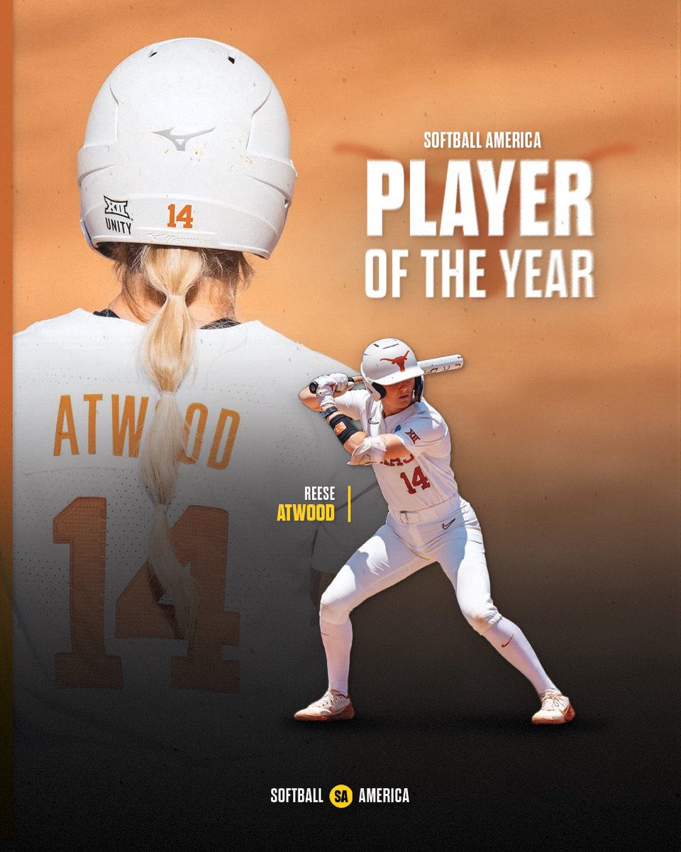 Player of the Year: 𝑹𝒆𝒆𝒔𝒆 𝑨𝒕𝒘𝒐𝒐𝒅 👏 Atwood has set single-season program records in home runs (23) and RBI (90). Her 90 RBIs also lead the country. @TexasSoftball | #SoftballAmerica