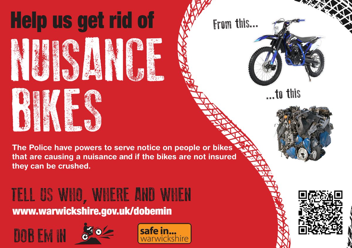 WCC Communities and Partnerships Service (@wcc_communities) on Twitter photo We know that nuisance bikes, whether it be a Motorbike, E-Bike or Quad Bike are a cause of concern for several reasons
🏍️So Dob ‘Em In! 🏍️
Report them now at warwickshire.gov.uk/dobemin or call 101 (non-emergency)
#SafeInWarwickshire
<a href="/warkspolice/">Warwickshire Police</a> <a href="/WarwickshirePCC/">Warwickshire PCC</a> <a href="/North_Warks_BC/">North Warwickshire BC</a> We know that nuisance bikes, whether it be a Motorbike, E-Bike or Quad Bike are a cause of concern for several reasons
🏍️So Dob ‘Em In! 🏍️
Report them now at warwickshire.gov.uk/dobemin or call 101 (non-emergency)
#SafeInWarwickshire
<a href="/warkspolice/">Warwickshire Police</a> <a href="/WarwickshirePCC/">Warwickshire PCC</a> <a href="/North_Warks_BC/">North Warwickshire BC</a>