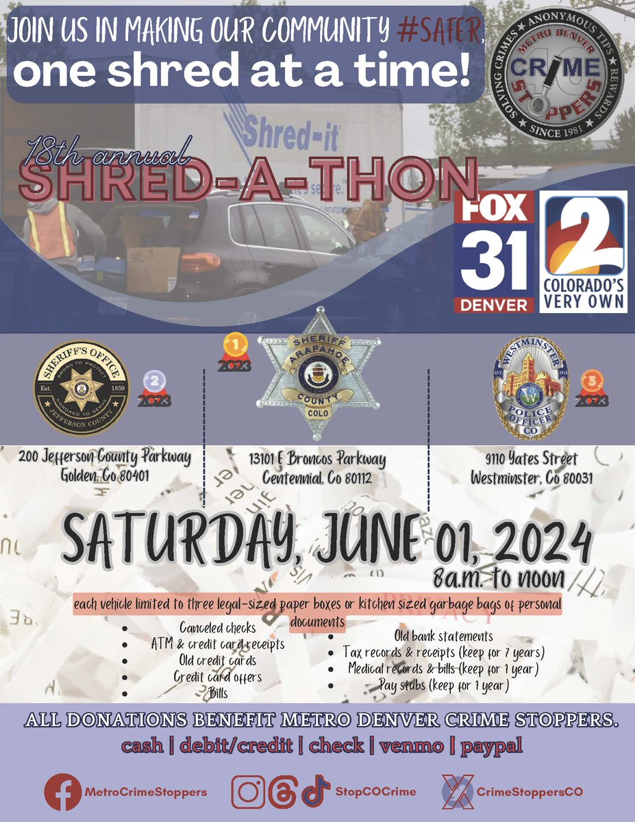 🚔 For 17 years, @ArapahoeSO has partnered with MDCS for our #Shredathons, helping us raise cash for rewards. We need ACSO and they need us! Join us 6/1 @ 13101 E Broncos Pkwy. Show your support for ACSO, follow us & spread the word! #CommunitySafety #ArapahoeCounty