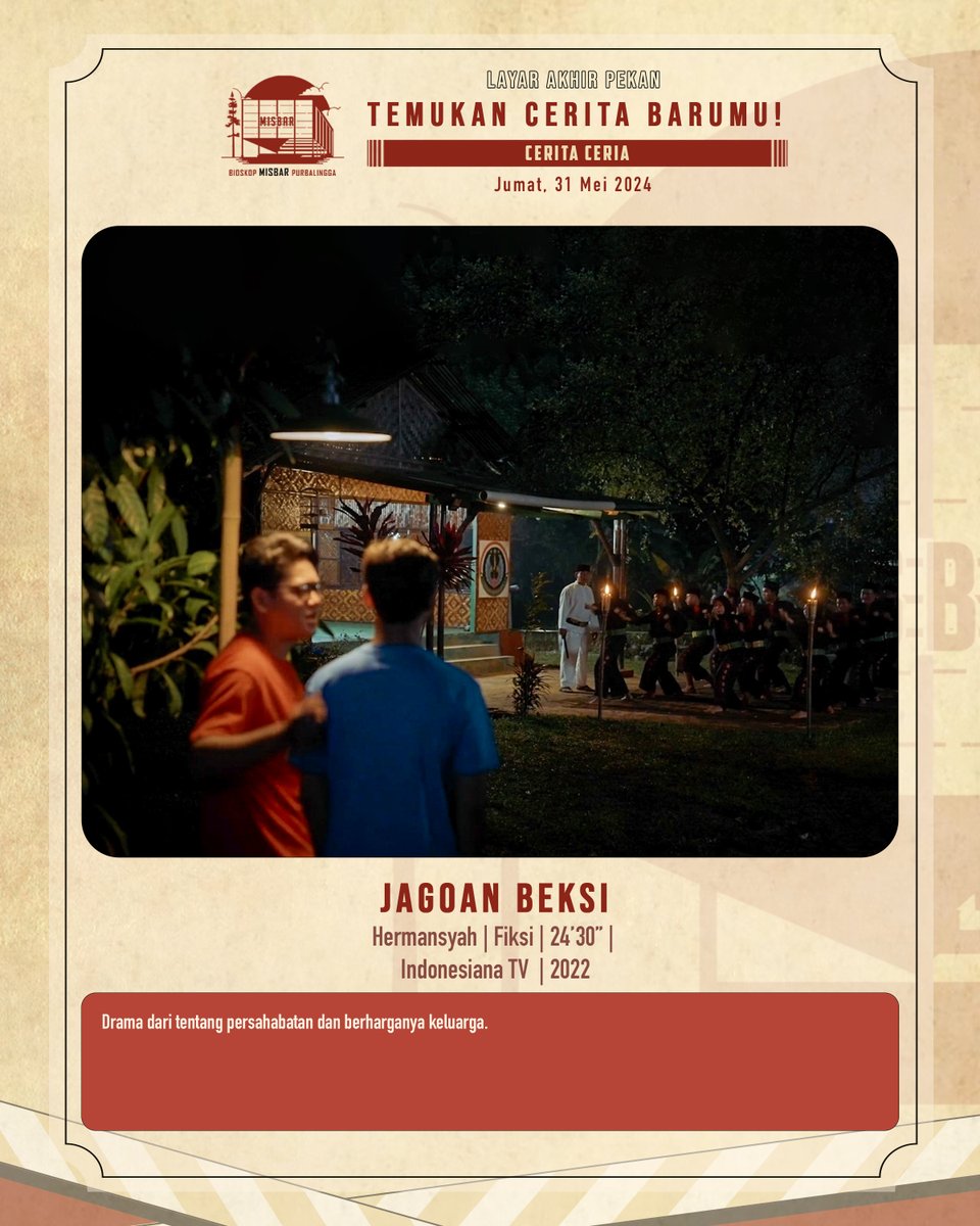 misbarpbg's tweet photo. Ayo Temukan Cerita Barumu di Bioskop Misbar Purbalingga!
Siap-siap untuk akhir pekan yang penuh cerita ceria!

Bioskop Misbar Purbalingga kembali menghadirkan program layar akhir pekan spesial di bulan Juni dengan tema "Cerita Ceria".

Mark your calendars!

Jumat, 31 Mei 2024 https://t.co/KG79Dfpofs