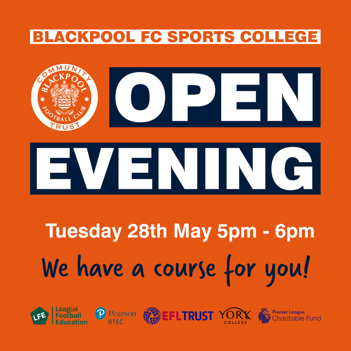 We have a #BlackpoolFCSportsCollege Open Evening tonight! 🎮 ⚽️ If you’re 16 - 19 and interested in studying sports or gaming, come and learn what our college has to offer. 📆 Tuesday 28th May 🕔 5pm – 6pm 📍@BlackpoolFC Stadium For more info: bit.ly/BFCSportsColle…