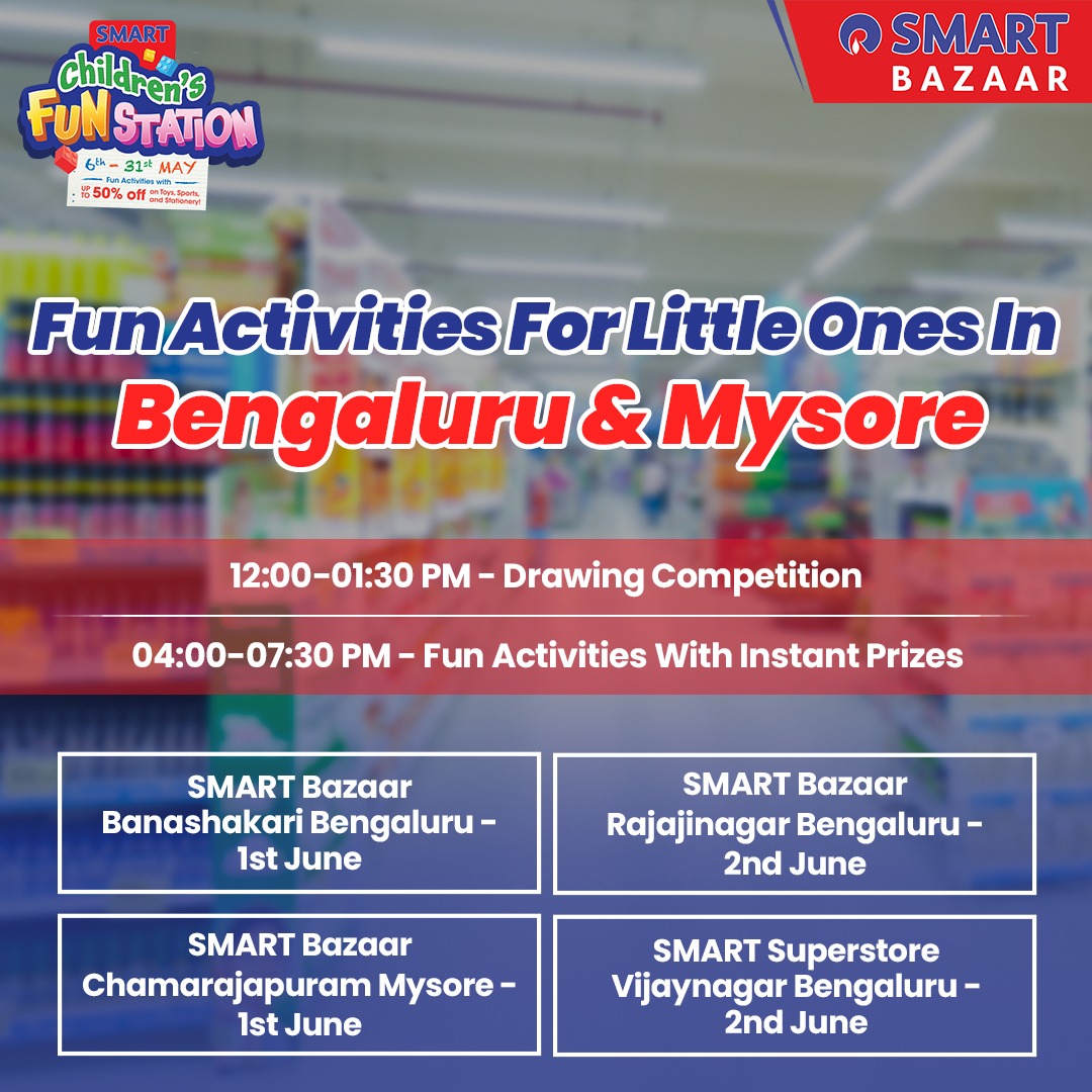 SMARTBazaarIn's tweet image. Mark your calendars, Bangalore &amp;amp; Mysore! Exciting drawing competition for kids awaits! Head to SMART Bazaar and join the fun.

#SMARTBazaar #ChildrensFunStation #FunStation #KidsTime