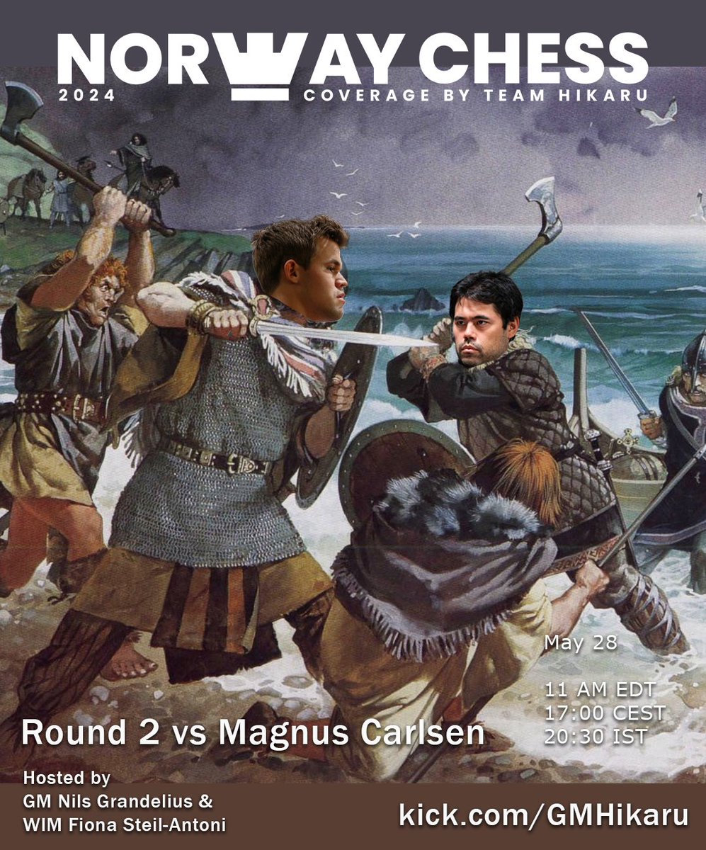 Today at @NorwayChess I play @MagnusCarlsen with black. Send energy! 🍍🌻🍍 Once again on my kick stream we have @GMGrandelius and @fionchetta! kick.com/gmhikaru