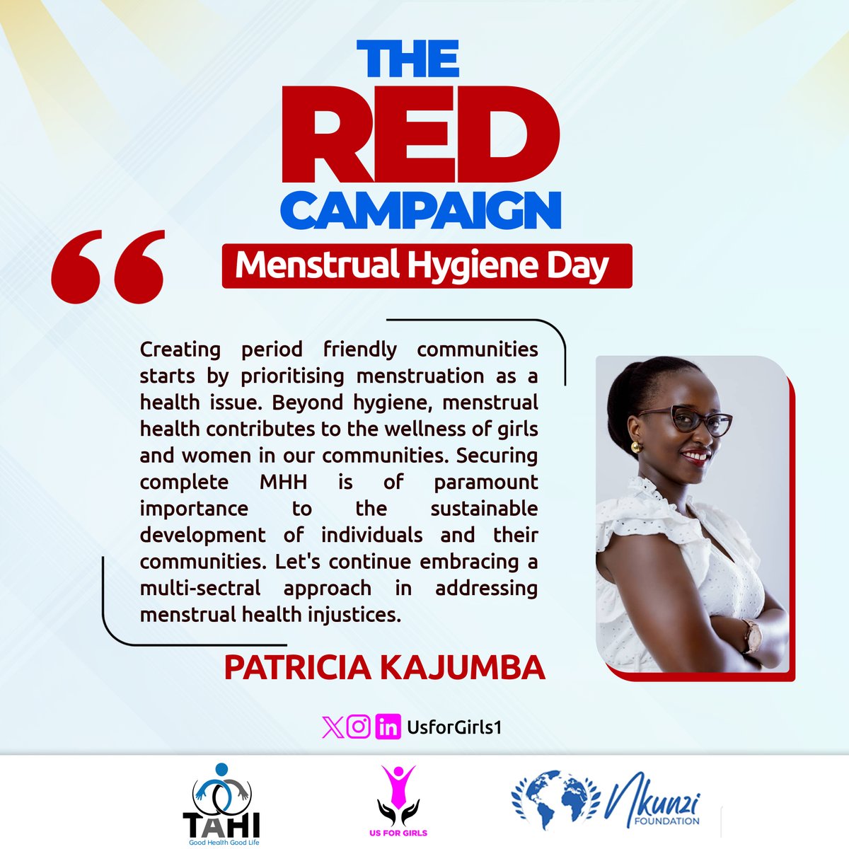 UsforGirls1's tweet photo. #RedCampaign
@PatriciaKajumba reminds us that creating period friendly communities starts by prioritizing menstruation as a health issue. She encourages us to continue embracing a multi-sectoral approach in addressing menstrual health injustices.
#EndPeriodStigma https://t.co/2y2shI1jPd
