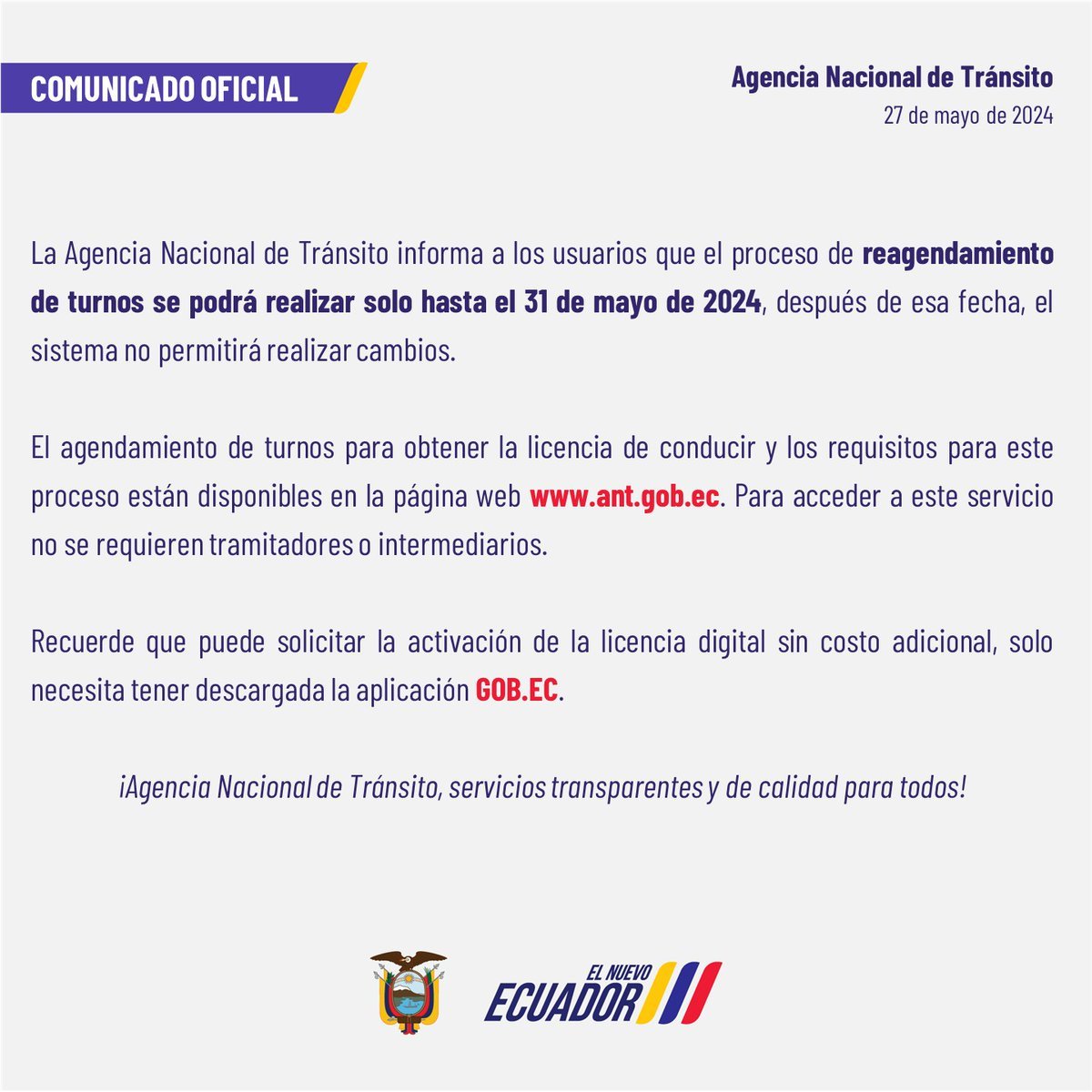 #ATENCION 🚨 La Agencia Nacional de Tránsito comunica que el proceso de reprogramación de citas estará disponible hasta el 31 de mayo de 2024, después de esa fecha el sistema no aceptará modificaciones. #Ecuador #Noticias #Urgente #Ahora