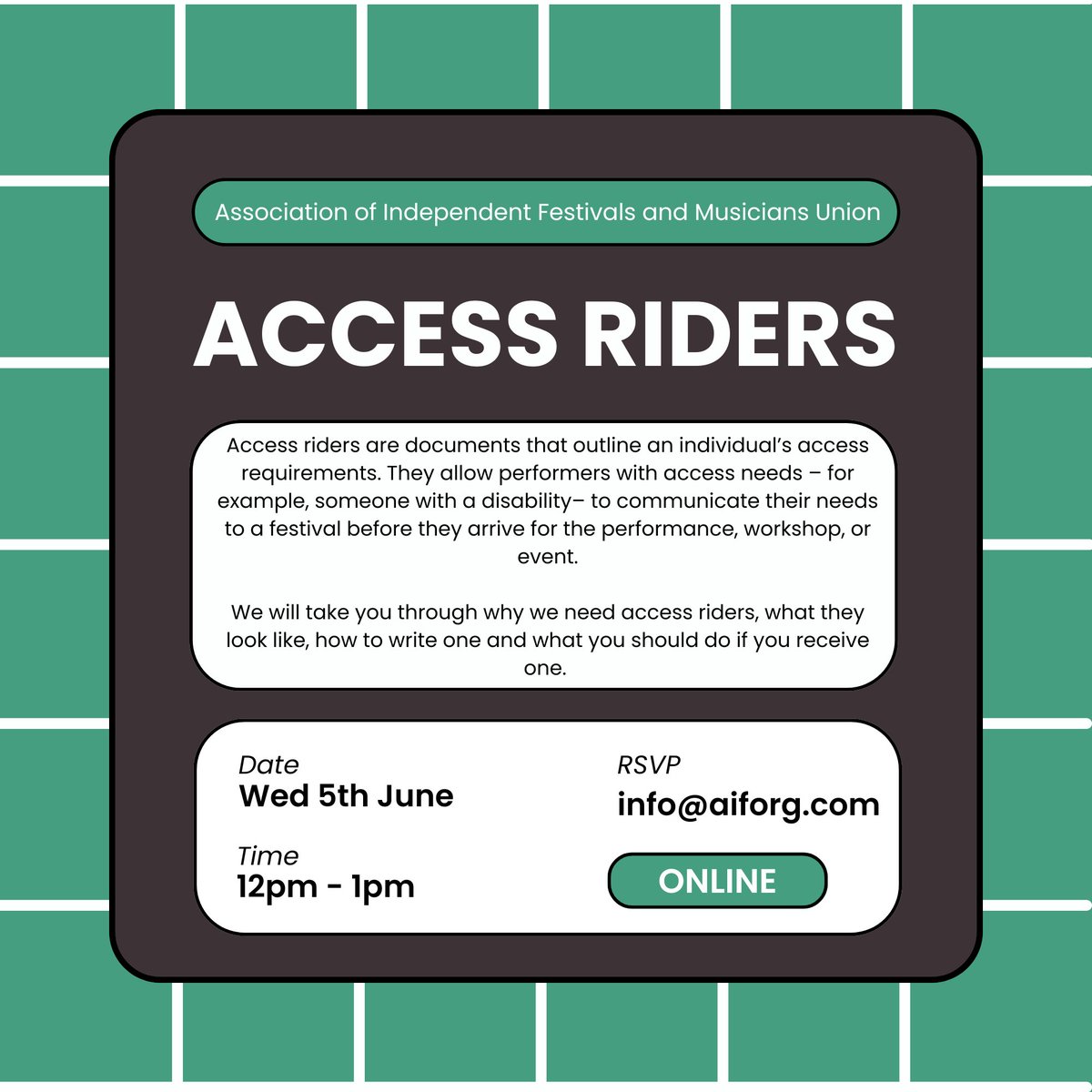 AIF (@aif_uk) on Twitter photo Our next webinar is with <a href="/WeAreTheMU/">Musicians' Union</a> - we'll be covering all things Access Riders! What they are, why we need them and what you should do if you receive one.
RSVP here: forms.gle/mjz1cTp9eygR5a… Our next webinar is with <a href="/WeAreTheMU/">Musicians' Union</a> - we'll be covering all things Access Riders! What they are, why we need them and what you should do if you receive one.
RSVP here: forms.gle/mjz1cTp9eygR5a…
