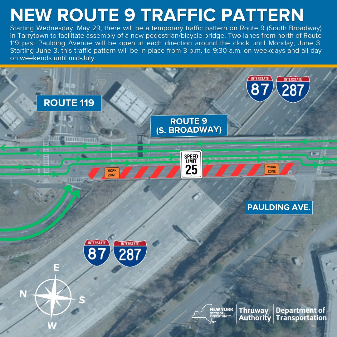 REMINDER: Starting TOMORROW, there will be a new traffic pattern on Route 9 near Route 119 in Tarrytown. Two lanes will be open in each direction to prepare for the assembly of a pedestrian/bike bridge. Daytime lane reductions begin next week.

Details ▶️ on.ny.gov/4auxKNp