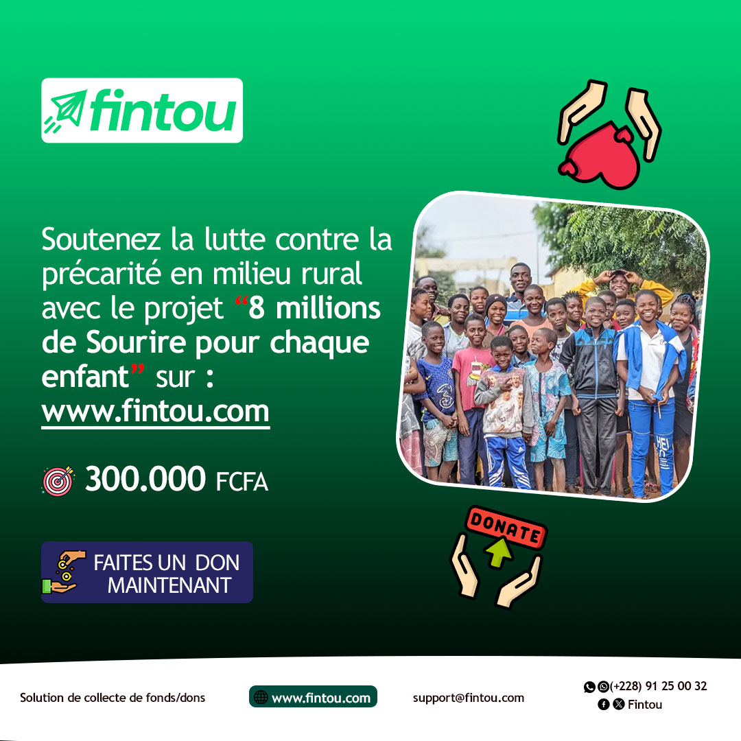 fintoulab's tweet photo. Participez à ACTION TRÉSOR 2024. Aidons les enfants des zones rurales du Togo à s’épanouir. Donnez maintenant pour offrir habillement et alimentation décente, et transformons 8 millions de sourires en réalité https://t.co/ByaCYbNokE
#8million2sourire #actiontrésor #fintou #crowd https://t.co/eukKRJy33y