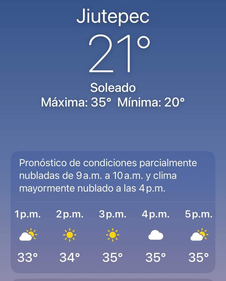 Pronóstico meteorológico para este martes 28 de mayo; en el municipio de #Jiutepec se espera un día soleado ☀️ con una temperatura máxima de 35 °C.