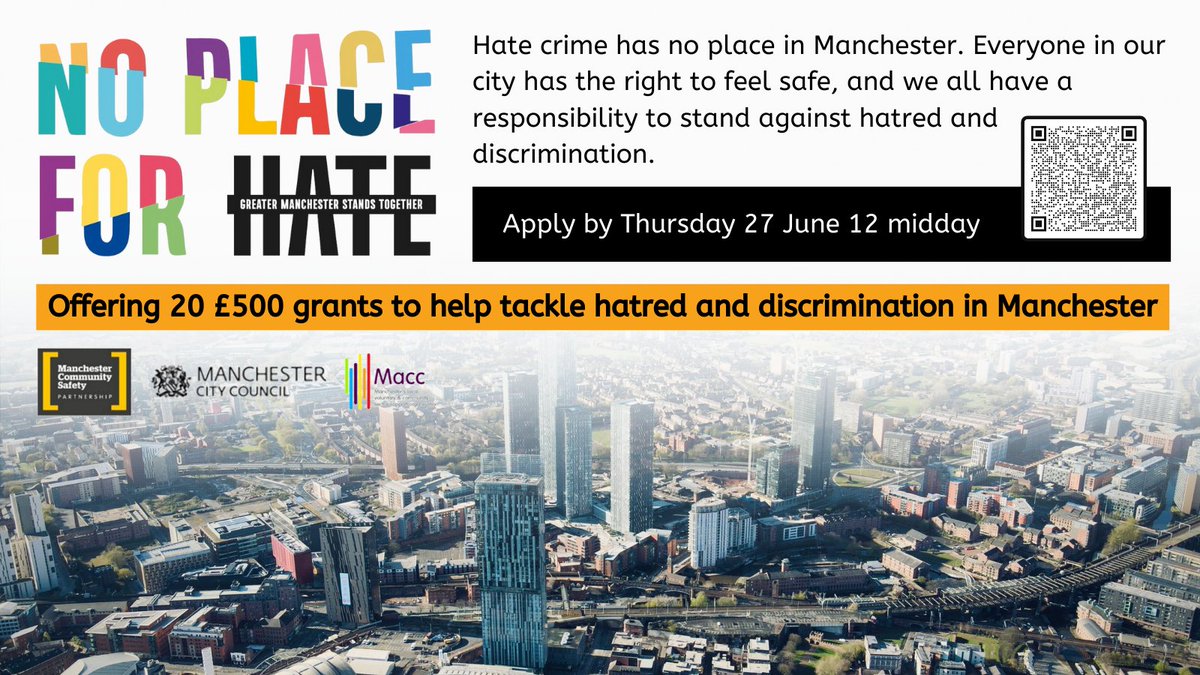 Hate Crime Awareness Summer-Autumn 2024 twenty £500 grants to raise awareness of what hate crime is and to increase the reporting of hate crime in Manchester. Deadline for bids: 12 noon Thu 27 Jun 2024. For further information click here: manchestercommunitycentral.org/hate-crime-awa…