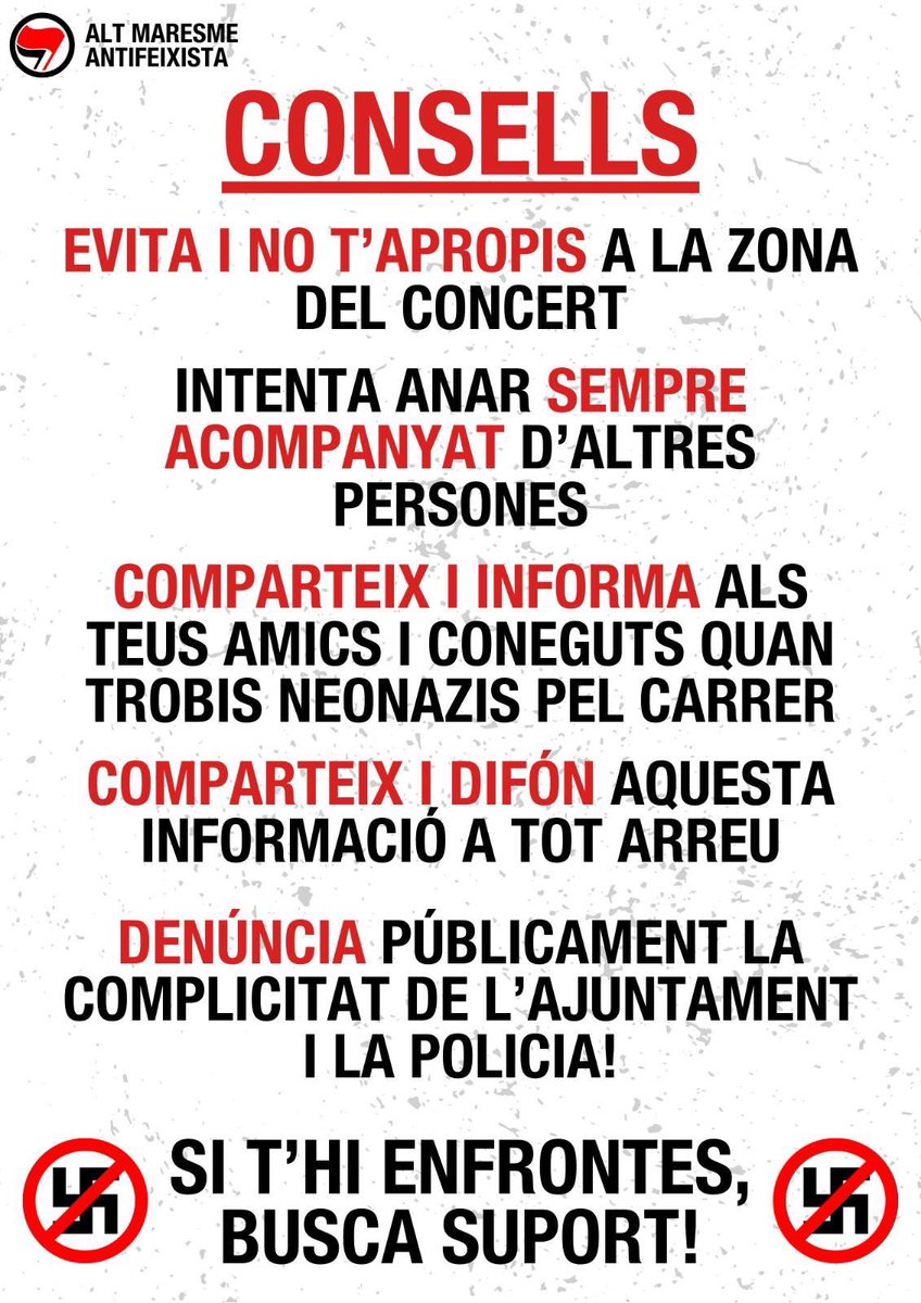 🛑ALERTA ULTRA🛑 Aquest cap de setmana és durà a terme el festival de caire neofeixista “Cahos in the sun” a Santa Susanna (Alt Maresme). Us deixem uns petits consells en cas de veure la seva presència pels carrers de la comarca.

Neteja el teu barri, combat el feixisme!👊🏽