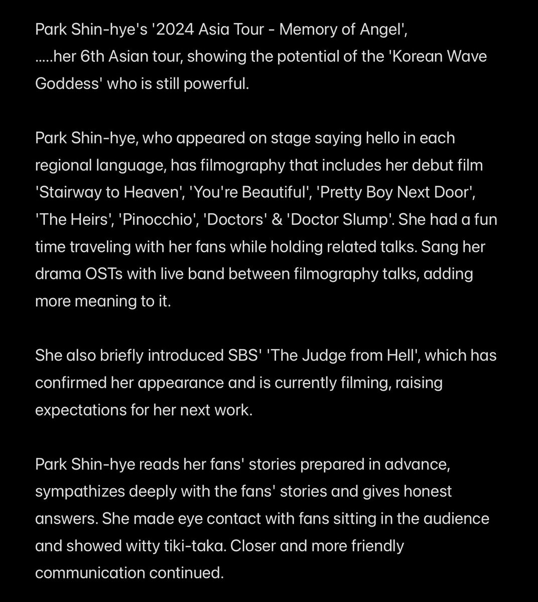 1marisone's tweet photo. #ParkShinHye, 'Korean Wave Goddess' successfully completed her 6th Asian tour... “Thank you for your miraculous love”
1st Korean actress to embark on an Asian tour in 2013, kicked off in Seoul, was held in 4 regions incl Bangkok,Taipei,Tokyo
#MemoryOfAngel
https://t.co/sqPZDccFgU https://t.co/Ke5IvrhyHX