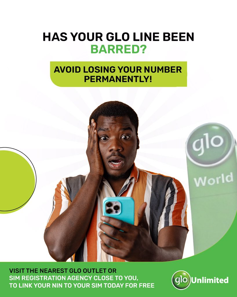 Is your Glo line barred?😢 Don’t lose your number permanently! Visit any Gloworld outlet near you to unbar your line✅ #NIN #GloUnlimited