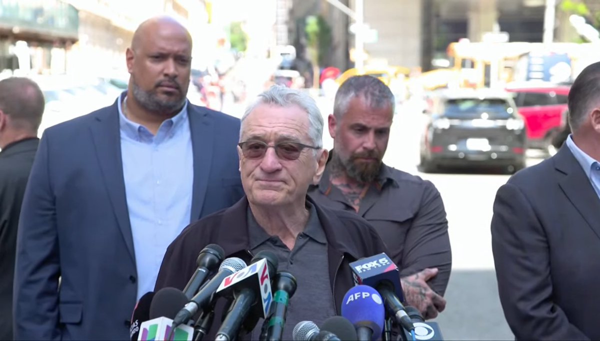 “Donald Trump wants to destroy, not only this city, but the country, and eventually, he could destroy the world,” Robert De Niro says in remarks outside the Manhattan courthouse on behalf of the Biden campaign.