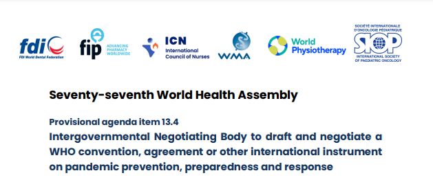 ICN delivered a constituency statement at @WHO #WHA77 on #pandemic prevention and response, co-signed by @fdiworlddental, @FIP_org, @medwma, @WorldPhysio1951 and @WorldSIOP regarding Agenda Item 13.4. Read all statements here: bit.ly/4aCYBXp