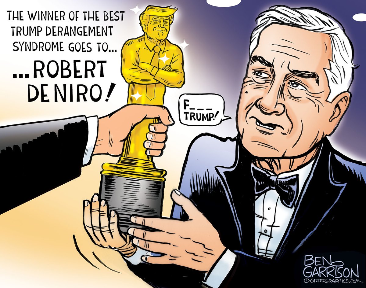 Robert De Niro gives a stunning TDS performance, ' clown, dictator, loser, megalomaniac ...tyrant!' He has his line memorized....ohhh Trump is scary kids! ' If Trump gets in, HE WILL NEVER Leave' LOL I smell desperation!