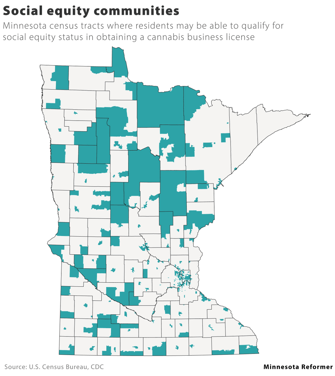If you live in one of the green areas on the map you may be eligible to apply for a social equity cannabis license, granting you a leg up on your local competition. minnesotareformer.com/2024/05/28/mor…