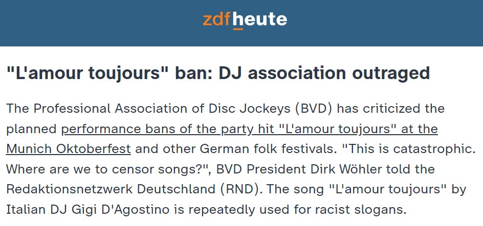 NEW - DJ association outraged by ban on Gigi D'Agostino's song at German folk festivals just because some people sing 'Germany to the Germans, foreigners out' to the tune.