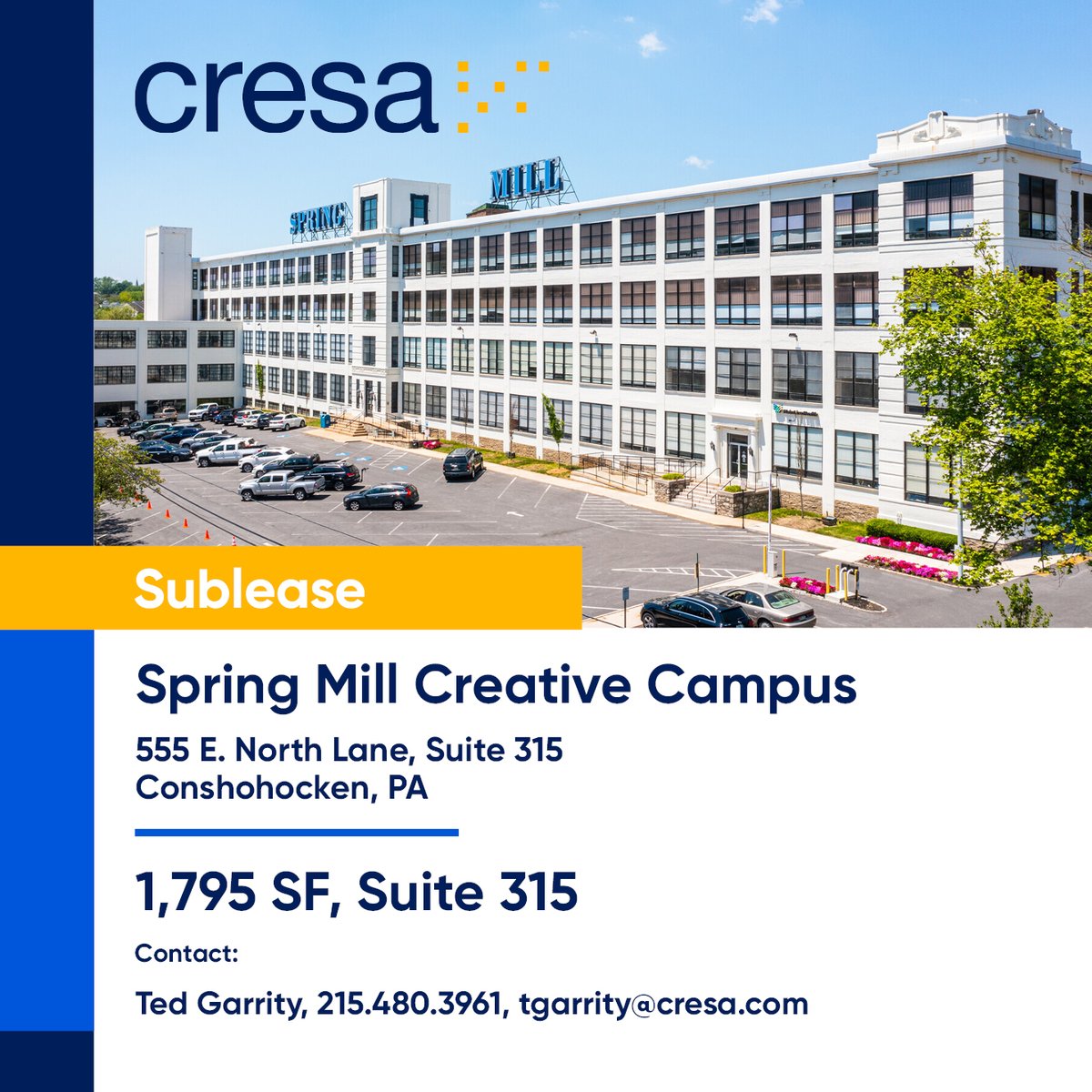 Are you looking for an inspiring space to elevate your business? Discover 555 E. North Lane in Conshohocken, PA. This premier location offers an array of features to enhance your work environment. Contact Ted Garrity at 215-480-3961 (tgarrity@cresa.com) to learn more!