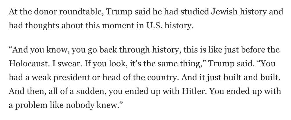 Trump is such a sloppy and disorganized thinker that he constructed a pitch to Jewish voters based on an analogy in which he is literally Hitler.