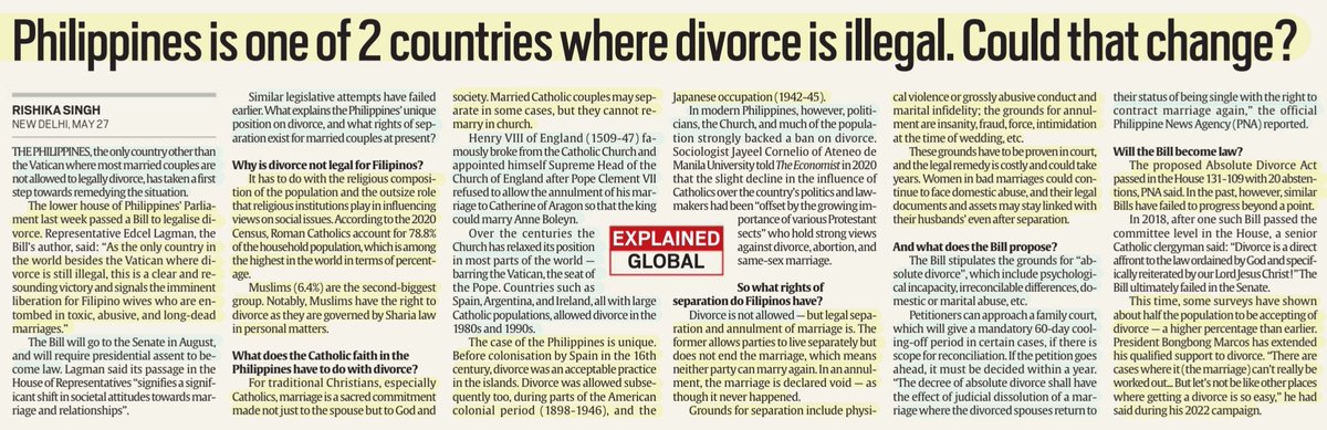 'Philippines is one of 2 countries where Divorce is illegal.Could that change?' :Details by Ms Rishika Singh @RishikaS_ #Philippines & #Vatican only countries whr #Divorce illegal,new bill in Philippines parliamnt to legalise divorce,background,need &more info #UPSC Source:IE