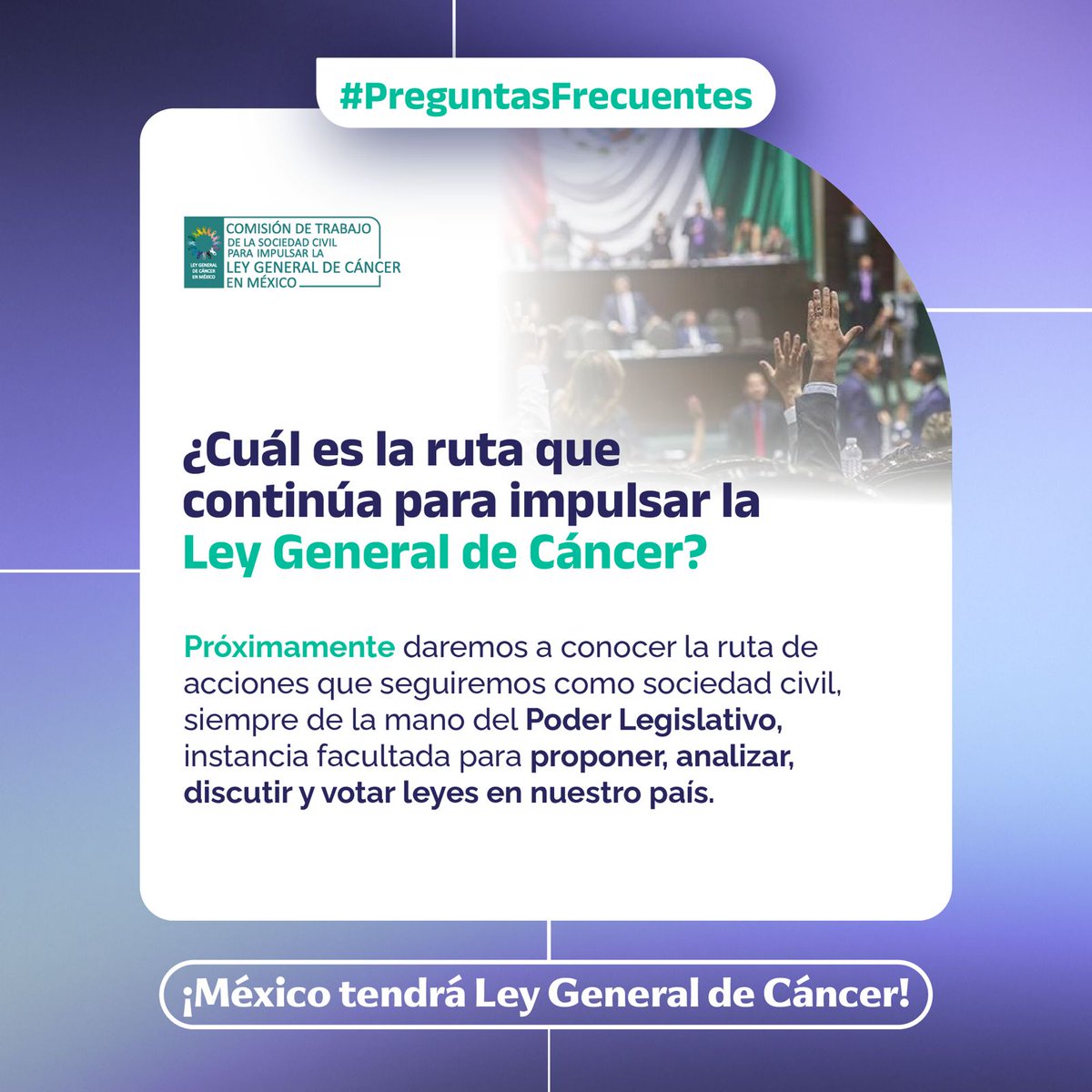 controlcancermx's tweet image. 👉🇲🇽⚖️ ¿La ruta? La tenemos clara y definida. Próximamente daremos a conocer los pasos a seguir para, en la instancia facultada para ello, el #PoderLegislativo, lograr la aprobación de la #LeyGeneralDeCáncerMx. 

Si eres #candidata o #candidato al @senadomexicano  o @Mx_Diputados…