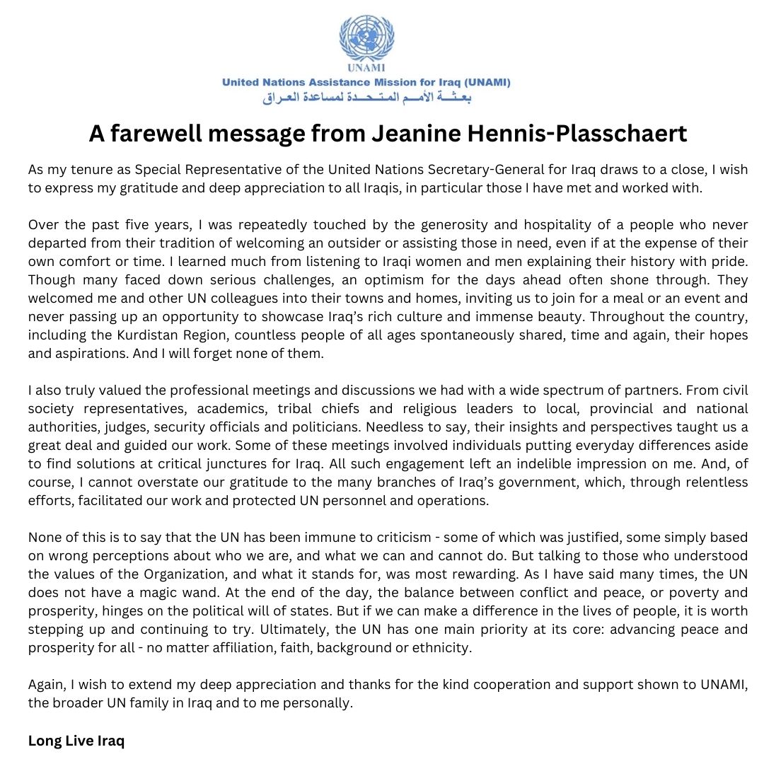 A farewell message from Jeanine Hennis-Plasschaert #Iraq