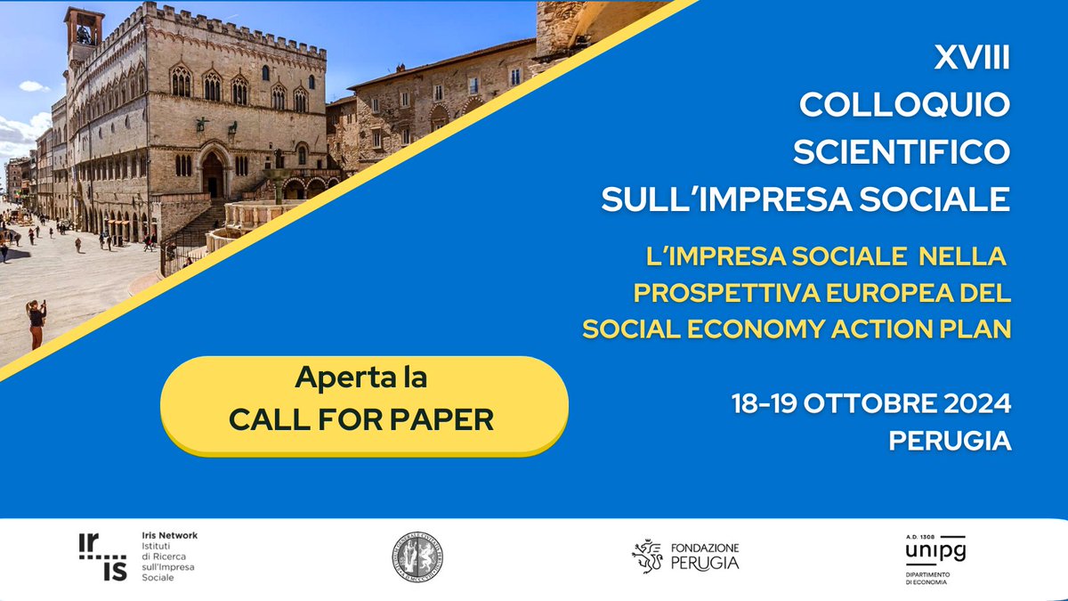 Vi aspettiamo alla XVIII edizione del Colloquio Scientifico sull'Impresa Sociale il 18 e 19 ottobre 2024 a Perugia!
 Call for Papers 👉bit.ly/44W1C45
Hai tempo fino al 5 luglio per inviare il tuo abstract !