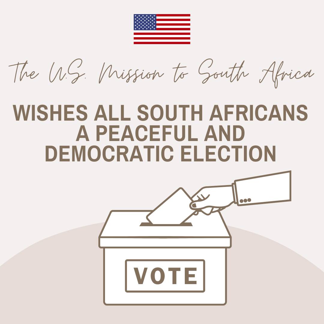 South Africa, ahead of your national elections, as friends, the U.S. Embassy wishes all South Africans a peaceful and democratic election. 🇿🇦🗳️

#SAElections2024 #DemocracyInAction #USWithSA