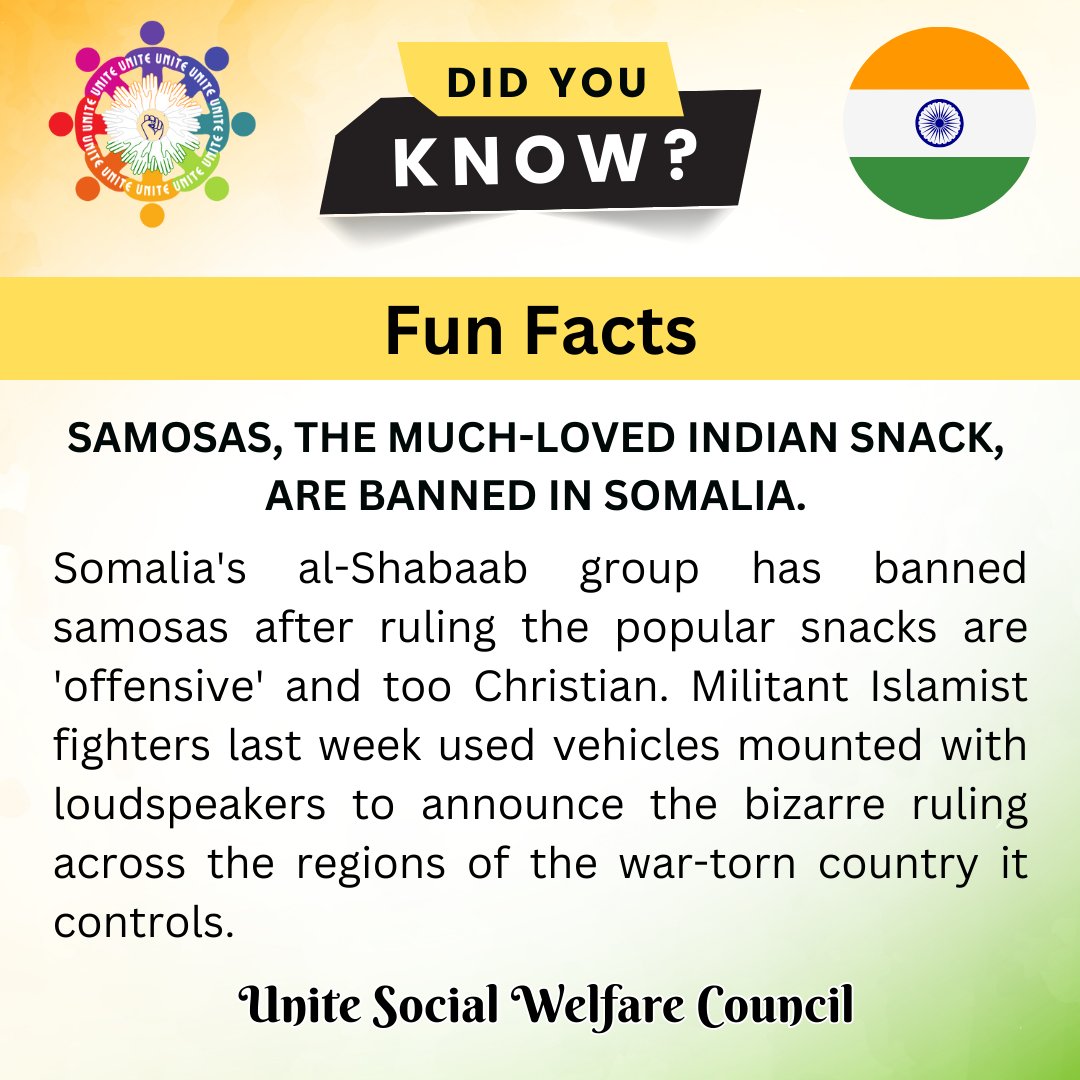 Samosas, the much-loved Indian snack, are banned in Somalia.

#uswc #somalia #alshabaab #samosaban #offensivesnacks #christianity #militants #warzone #loudspeakers #bizarrelaw #islamistfighters